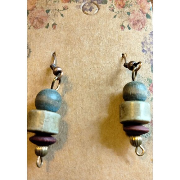 Handcrafted Beaded Dangle Earrings Red Brown Pierced Hook Rustic - Picture 1 of 6